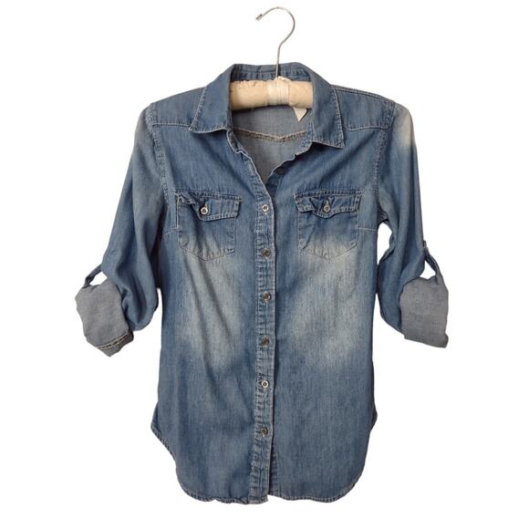 NOBLE U Long Sleeve Denim Shirt Button Down Chambray Jean Top Size S Cowboy - Picture 4 of 11